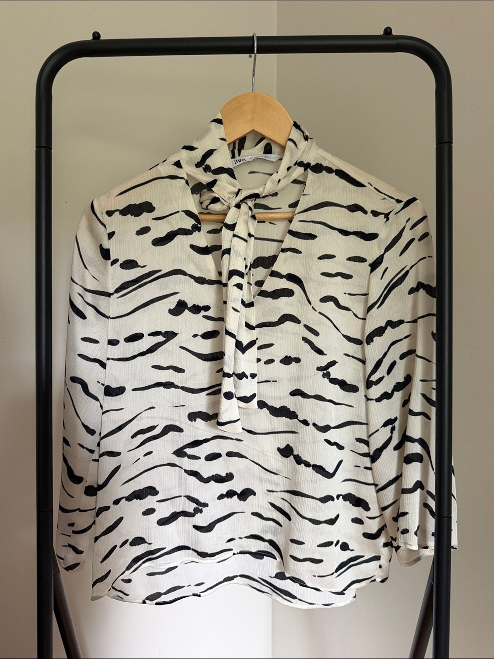 Zara Animal Print Tie-Neck Shirt